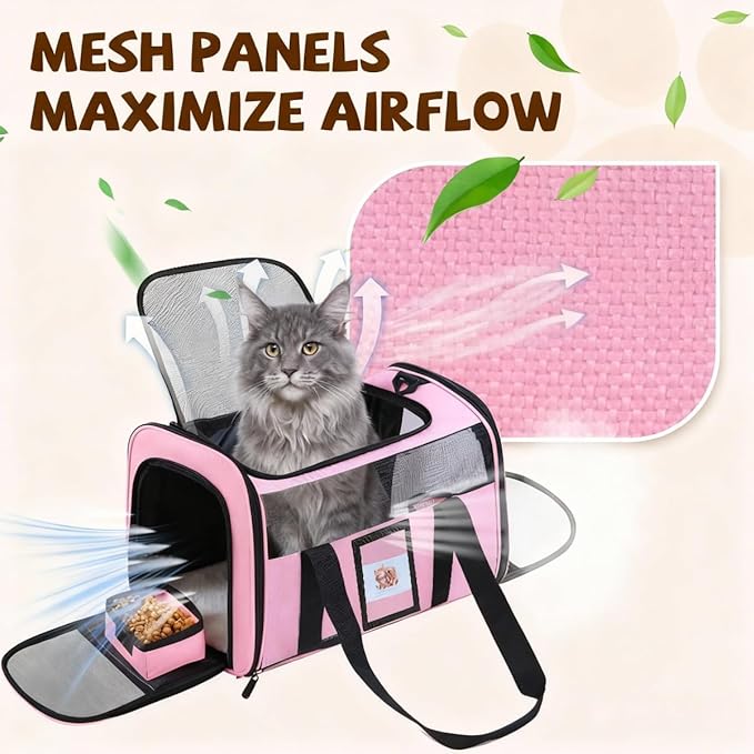 Soft Cat Carrier for Pets Up to 15 lbs, TSA Approved for Airline in-Cabin, Cat Travel Bag with Detachable Cat Food Bowl, Pet Carriers for Small Dogs, Waterproof Travel Puppy Carry, Pink