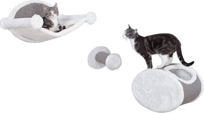 Trixie Liam Wall Mounted Cat Furniture - 3pc Cat Wall Scratcher - Climbing Shelves, Plush & Sisal Covered Condo, Hammock, and Step - Gray