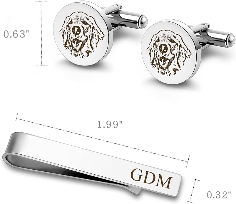 Anavia Pet Portrait & Handwriting Cufflinks Tie Clip Gift Box Set, Personalized Sketch Style Photo Engraving Men's Jewelry Accessories for Father Dad Brother Boyfriend Husband Wedding Birthday Gift
