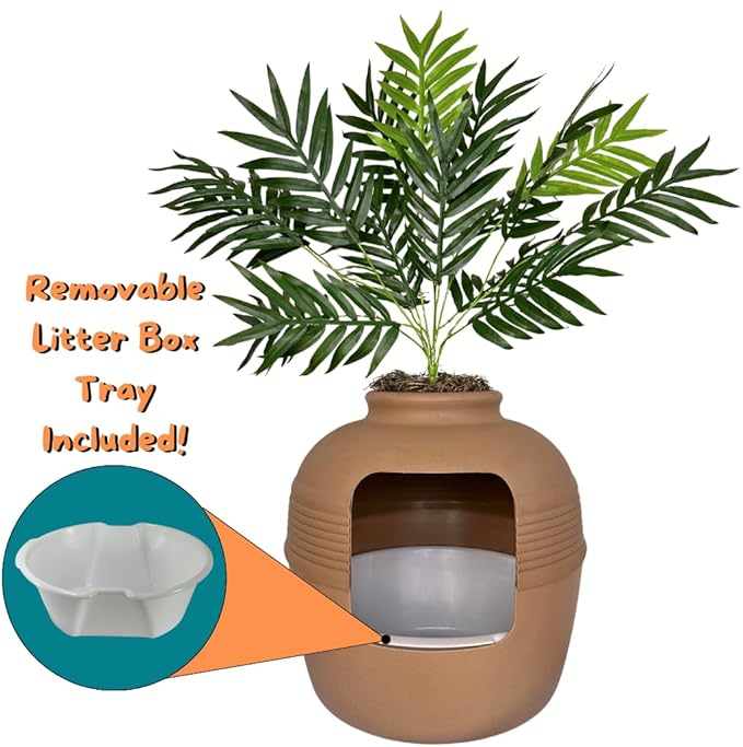 Good Pet Stuff Hidden Litter Box Planter, Decorative Cat Litter Enclosure with Carbon Filter, Artificial Plant, Easy Clean, Indoor Design, Original Round Style, Essentials Kit, Mocha Brown