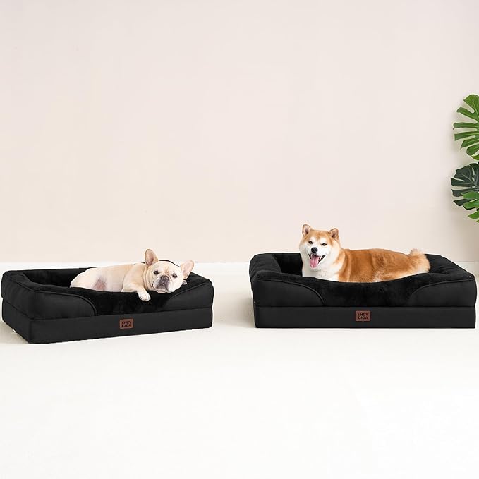 EHEYCIGA Orthopedic Dog Bed for Medium Dog, 30x20x6.5 Inch Memory Foam Dog Couch Bed with Sides, Waterproof Liner & Washable Removable Cover, Bolster Pet Sofa, Black