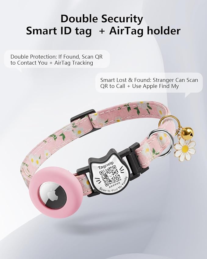 Cute Floral Breakaway Cat Collar with QR Code ID, Cotton Kitten Collar with Bell & AirTag Holder, Adjustable Safety Collar for Cats,Pastoral Style with airtag Holder(Pink)