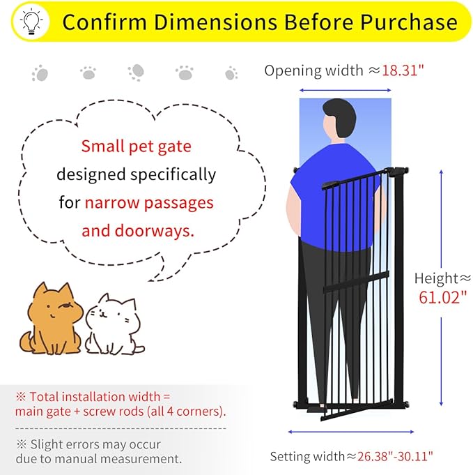 Lumizone Extra Tall Cat Gate 61.02" High Pressure Mounted Extra Wide 26.38"-30.11" (17Sizes) 1.37" Gap No Drilling Auto-Close Tall Pet Gate for Dogs (Black, 26.38"-30.11" W)