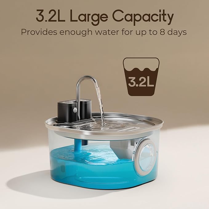 Voluas Stainless Steel Cat Water Fountain-Wireless Pet Water Fountain Battery Operated,108oz/3.2L, Automatic Water Dispenser for Dogs with Quiet Pump,Easy Clean BPA-Free for Cats, Dogs, Multiple Pets