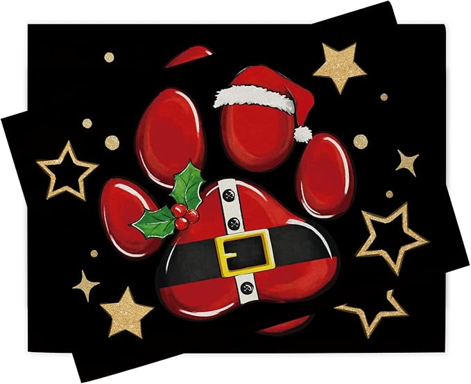Christmas Dog Cat Paw Prints Placemats Set of 4, Xmas Stars Dining Place Mats Table Decor Pet Lover Gifts, Winter Funny Holiday Home Kitchen Decoration 12 x 18 Inch