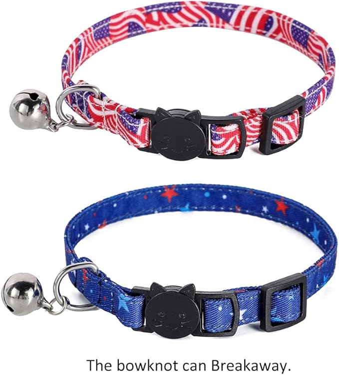 2-Pack Breakaway Cat Collars with Removable Double-Layer Bow Tie and Bell for Boy and Girl Cats Safety Kitten Collars Suitable for Festivals and Daily. (Independence Day)