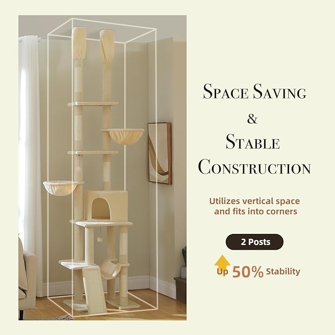 Floor to Ceiling Cat Tree Height (85-112 Inches) Adjustable, Tall Cat Tower 7 Tiers Activity Climbing Tower, Large Cat Tree with Cozy Hammocks, 5 Platforms and Scratching Posts for Indoor Cats-Beige