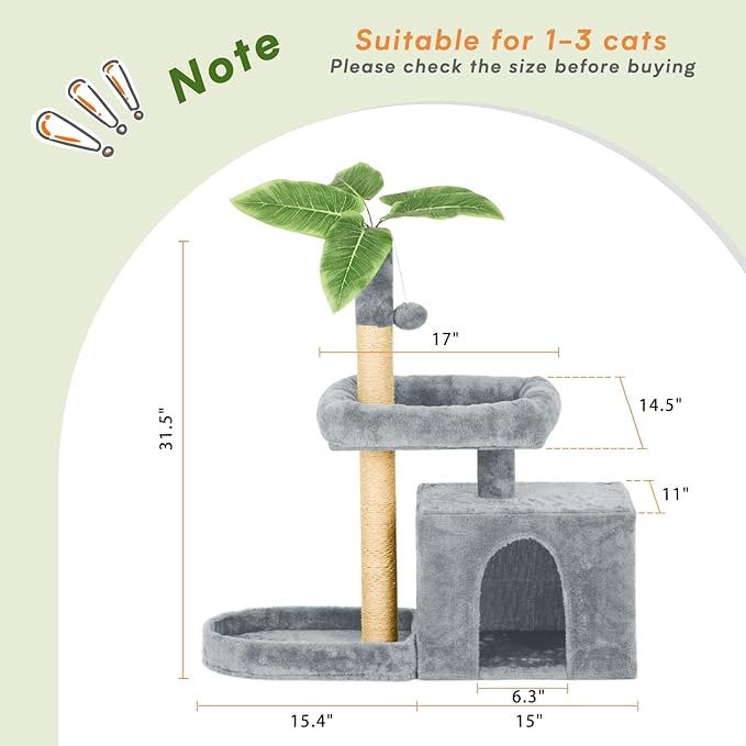 31.5in Multi-Level Cat Tower with Sisal Scratching Posts, Hidden Cave & Perch Platform, Large Cat Condo for 1-3 Cats, Eco-Friendly Pet Furniture with Realistic Leaves, Grey