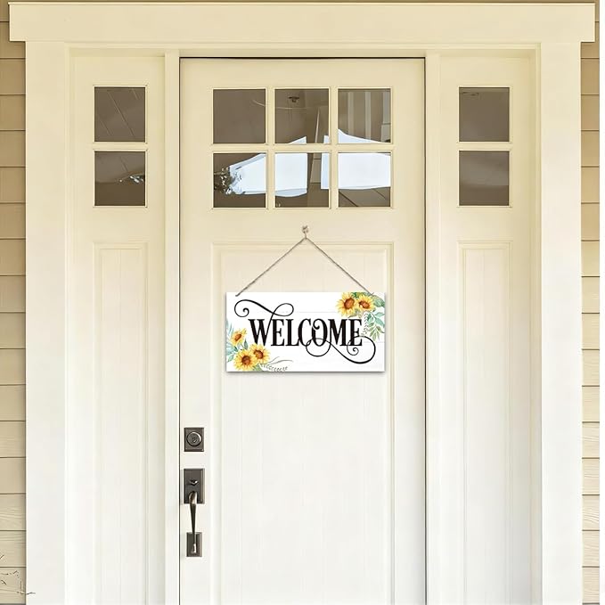 Welcome Sign for Front Door, Welcome Decor Wooden Hanging Sign for Wall Decor, Sunflower Pattern Signs, Rustic Funny Wooden Outdoor Front Door Hanging Decoration 13.8X6.9 inches