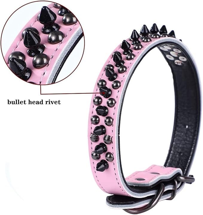 Spiked Studded Dog Collar, Genuine Leather Dog Collar, Adjustable Pet Collars for Medium Large Bulldog Pitbull Mastiff Poodle Boxer (S:27-33cm, Black-1)