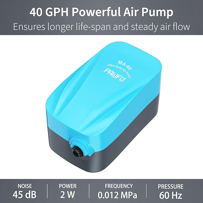 Pawfly Aquarium Compact Air Pump for 3-20 Gallon Buckets and Fish Tanks Quiet Oxygen Aerator Pump with Air Stone, Nano Bio Sponge Filter, Airline Tubing and Check Valve Accessories