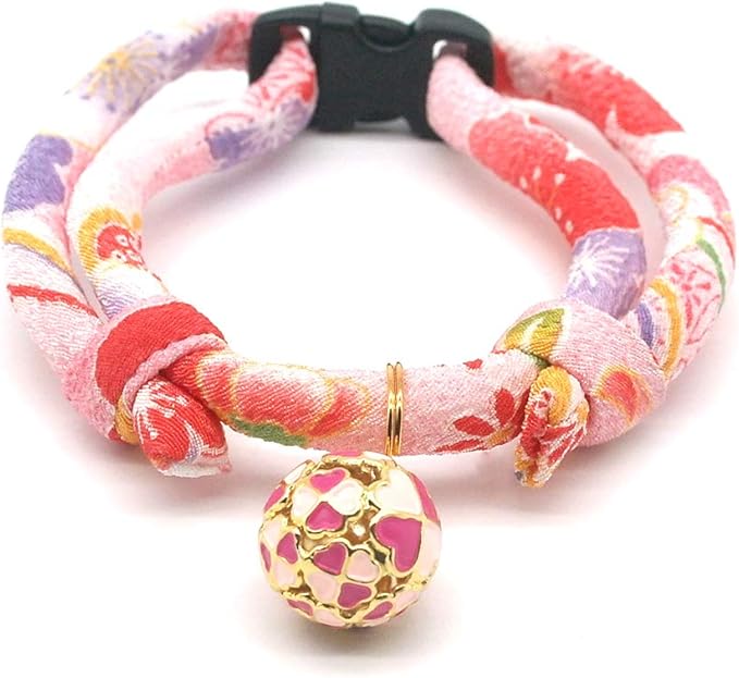 PetSoKoo Four-Leaf Clover Cat Collar with Bell Breakaway Buckle. Japanese Chirimen,Cute Kitten Collar for Girl Boy Cat
