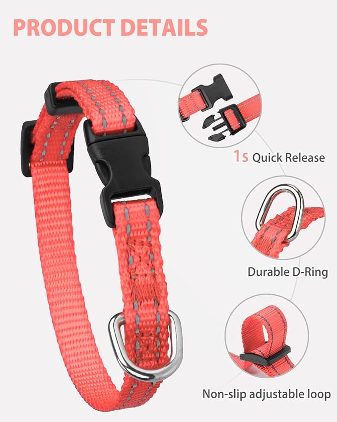 Joytale Small Dog Collar, Reflective and Adjustable Nylon Collar with Quick-Release Buckle, Lightweight No-Choke Design for Puppy and Extra Small Dogs, Pink, XS
