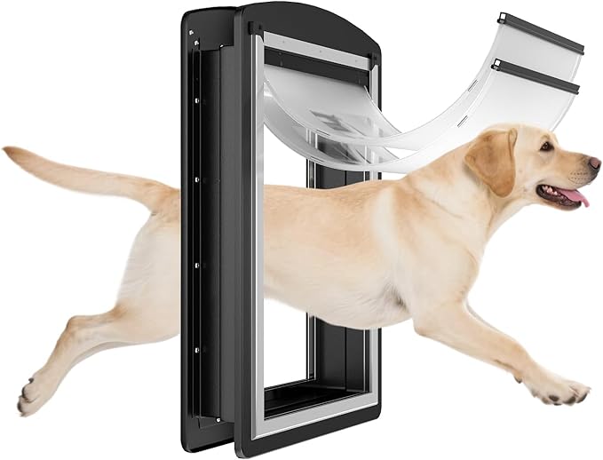 MAVRICFLEX Large Dog Door for Door - All-Stainless Steel Frame, Weather-Resistant Double Soft Flaps, 2 Sliding ABS Panels for Indoor/Outdoor Use, Fits Large Dogs Up to 110 LBS, Easy Install， Black