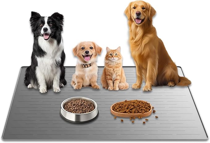 48"x32" Extra Large Pet Food Mat, 1.5MM Super Thick Silicone Dog Mats for Food and Water, XXXL Nonslip Pet Feeding Mats for Floors,Dog Cat Bowl Mat with Raised Edges, Light Gray