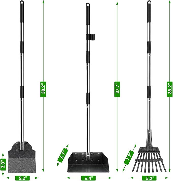 Pooper Scooper, Long Handle Dog Pooper Scooper, Heavy Duty Stainless Steel Rake, Tray & Spade Set for Pet Waste Removal, Use on Grass, Dirt or Gravel