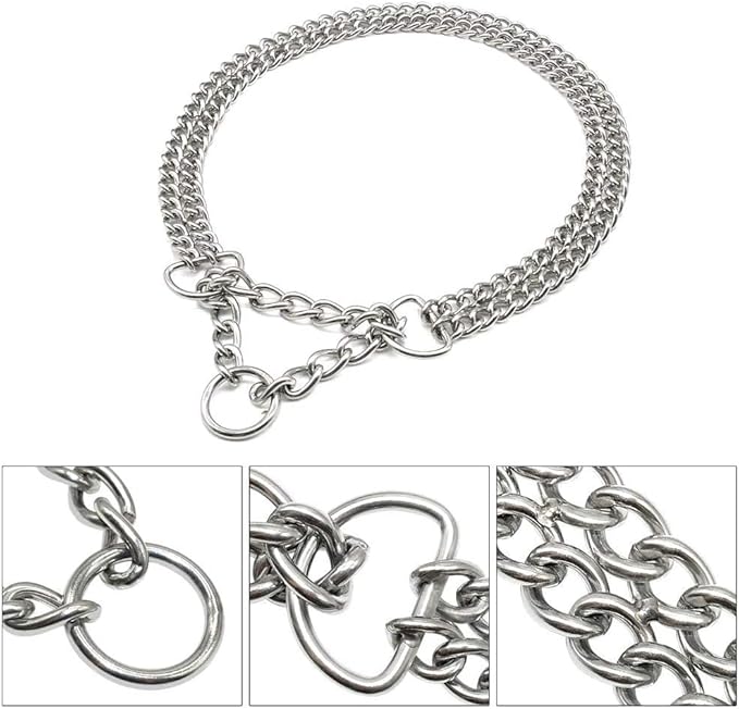 Silver Dog Choker Collar,2 Rows Stainless Steel Dog Chain Cuban Link Metal Martingale Collar Heavy Duty Training Choke Collar for Small Medium Large Big Breed (Silver, S(Neck Max 12inch) D2.0mm)