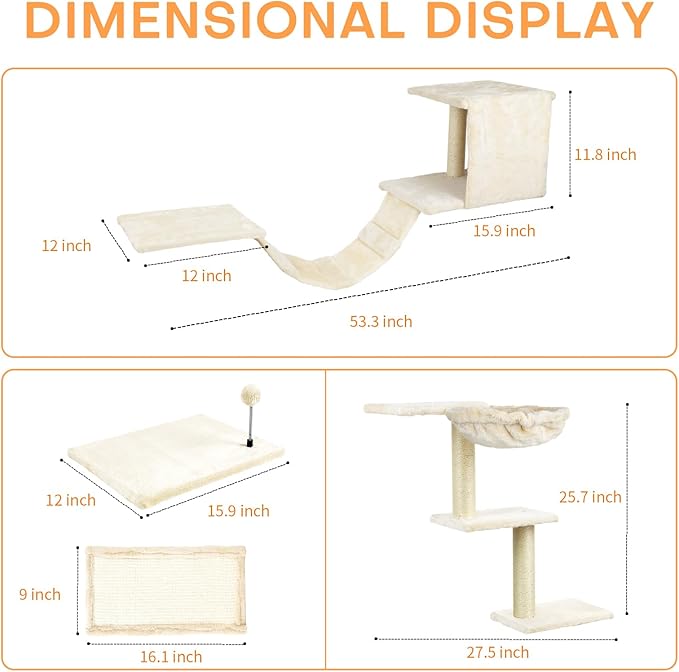Cat Wall Shelves, Multi-Level Cat Climbing Furniture, Space-Saving Wall-Mounted Cat Climber Set with Perches,Bridge,Hammock,Scratching Board & Ball for Indoor Cat Play (Light Grey)