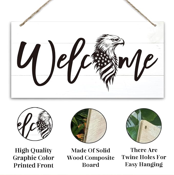 Welcome Sign for Front Door, Welcome Decor Wooden Hanging Sign, Patriotic Theme American Bald Eagle Pattern Wall Hanging Decor, Funny Wooden Outdoor Front Door Decoration 13.8X6.9 inches