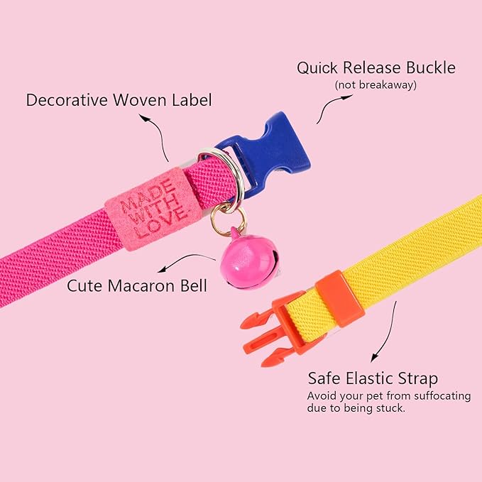 Elastic Cat Collar 2 Pack of Safety Quick Release Cat Collars with Bell Anti-Suffocation Kitten Puppy Collars(Yellow+Hot Pink)