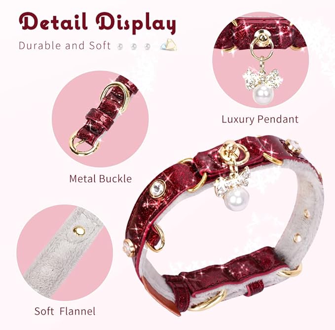 PetsHome Cat Collar, Dog Collar, [Bling Rhinestones] PU Leather Adjustable Pet Collar with Luxury Pendant for Cat and Small Dog Extra Small Wine Red