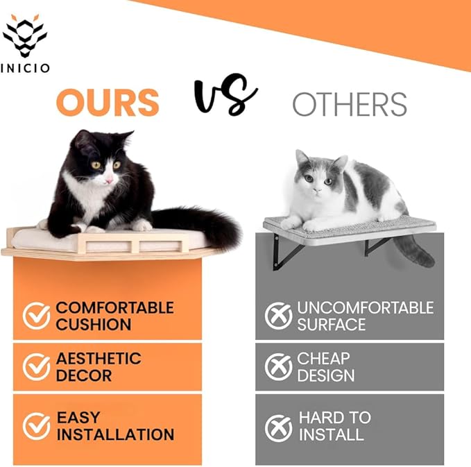 INICIO Cat Wall Shelves - Safe and Sturdy Cat Wall Furniture - Stylish Corner Shelf with 3 Steps for Cats up to 15lbs - Cushioned Perch and Stairs for Climbing and Playing - Natural Wood