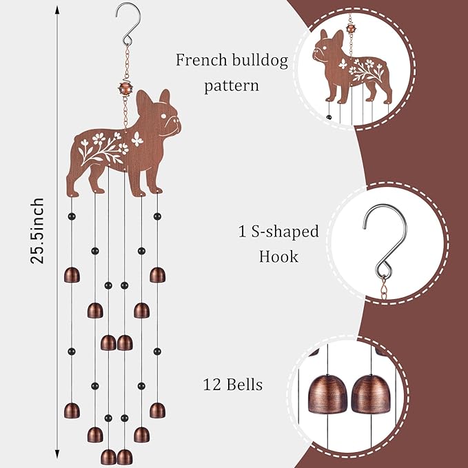 24 Inch Metal Wind Chimes Decor for Outside Garden Birthday Gift for Women Men Bronze Windchimes Pet Memorial Gift with 12 Bell for Patio Yard Lawn Housewarming Front Yard(French Bulldog)