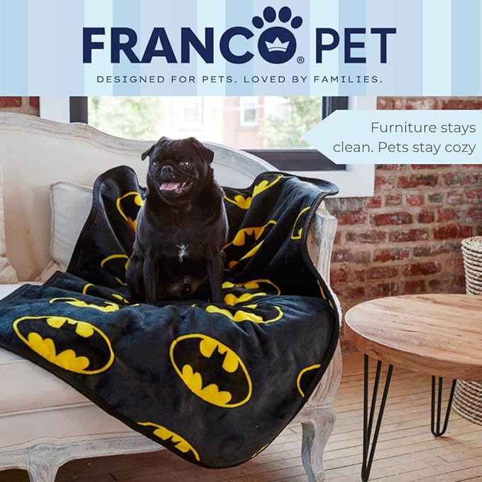 Franco Pet Batman DC Comics Bat Shield Logo Super Soft Cozy Waterproof Sherpa-Backed Blanket Throw for Small Dogs, Couch/Bed/Car, 30x40 (Officially Licensed Product)