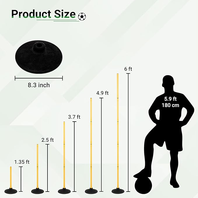 6 FT Agility Poles for Soccer, Basketball, Football, Equestrian, Pet Training, 4/6/8/10 Pack Detachable Soccer Poles w/Rubber Bases, Pole Bending Poles for Horses, Indoor/Outdoor Use