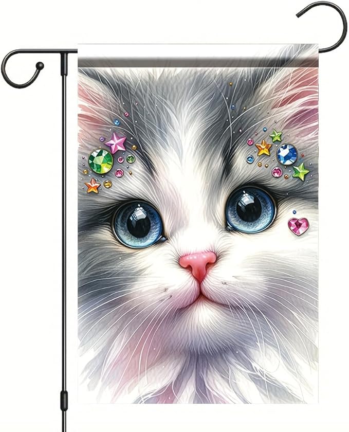 Cute Kitty Garden Flag 12x18 Inch Bling Rhinestone Cat Face Banner Double Sided Kitten Yard Decor for Cat Lovers, Spring Summer Outdoor Decoration