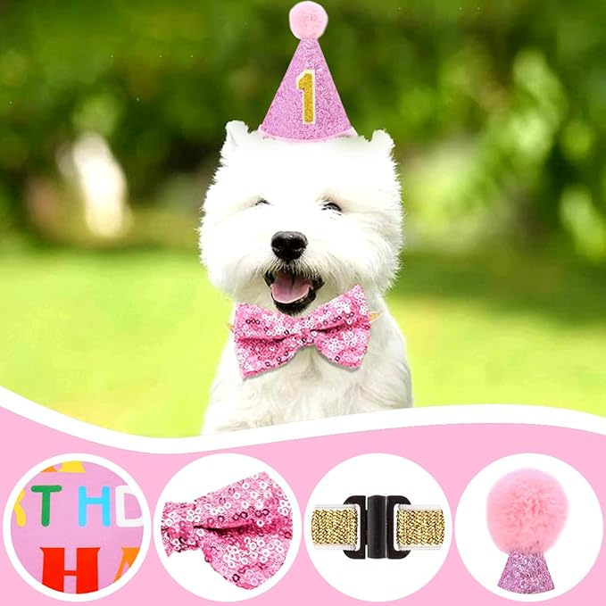 PET SHOW 4Pcs Pink Dog Birthday Hat with 11 (0-9) Numbers Happy Birthday Bandana Dogs Bowties Tutu Dress Set for Small Dogs Cats Puppy Party Wedding Supplies