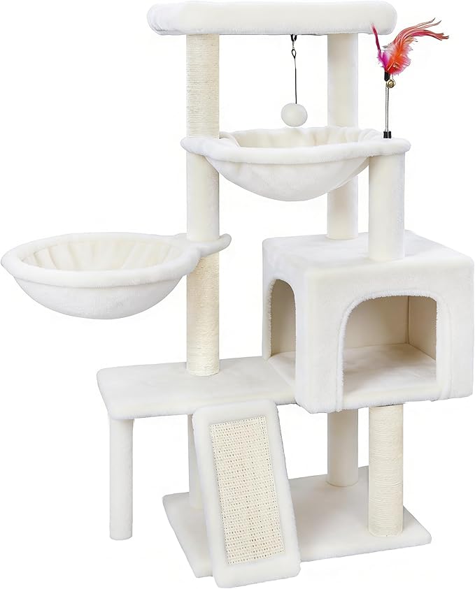 Cat Tree with Cat Condo and Two Hammocks, Cat Tree with Scratching Posts and Scratching Pads, Cat Tower for Indoor Cats, Activity Centre Climbing Tree with Playful Toy Balls, Beige