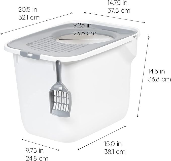 IRIS USA Cat Litter Box, Large Cat Box Enclosure, Top Entry with Litter Catching Lid, Enclosed with Scoop, White/Gray