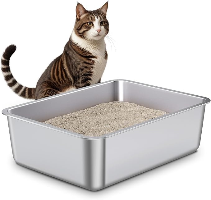 Stainless Steel Litter Box,Metal Cat Litter Box,Medium Cat Litterbox for Kitty or Rabbits, No Smell, Non Stick, Easy to Clean(17.7" L x 13.77" W x 6" H)
