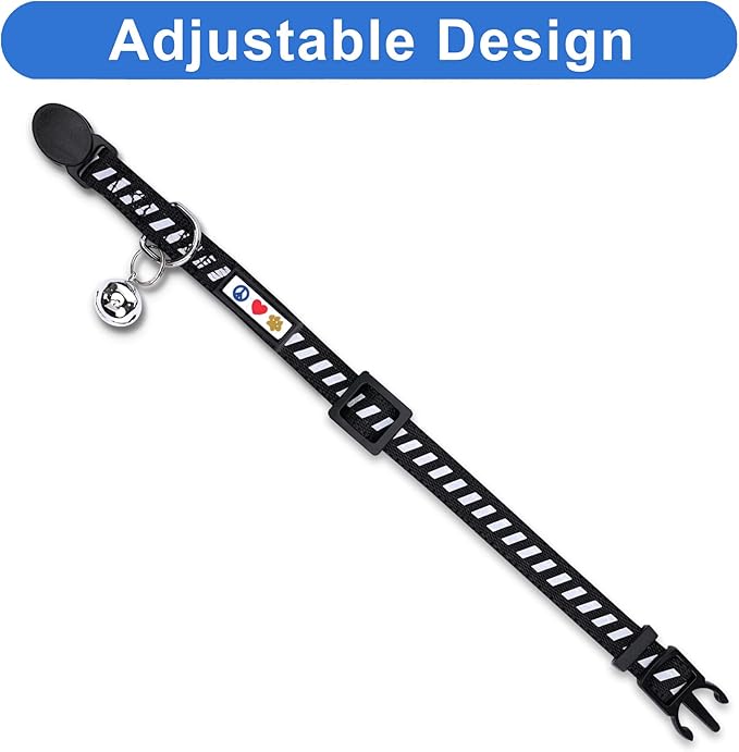 Pawtitas Personalized Black Reflective Cat Collar – Adjustable Custom Collar with Safety Buckle, Removable Bell, and Engraved Name & Phone Number for Kittens and Adult Cats