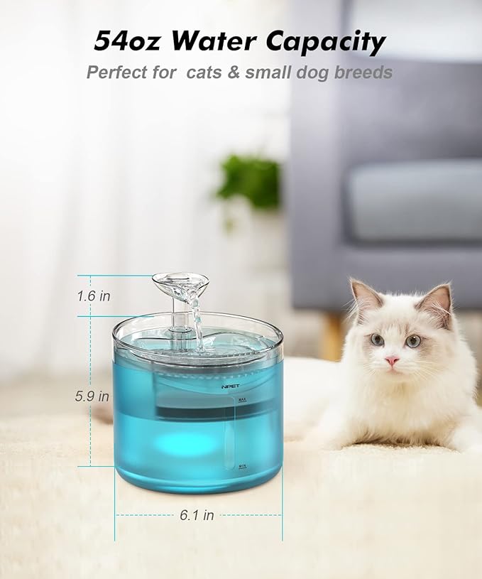 NPET WF100 Cat Foutain, 54oz/1.6L Automatic Cat Water Fountain with Leaf-Shaped kit, Bottom Suction Quiet Pump for Cats & Small Dogs (Fountain+8 Filters +8 Sponges, Blue)