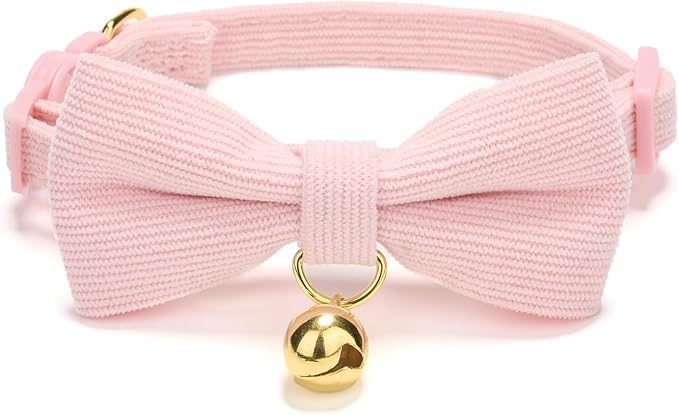 2 Pack Soft Corduroy Cat Collars with Bow Tie & Bell, Adjustable Breakaway Cotton Kitty Bowtie Collar for Girl Boy Kitten (Pink & Blue)