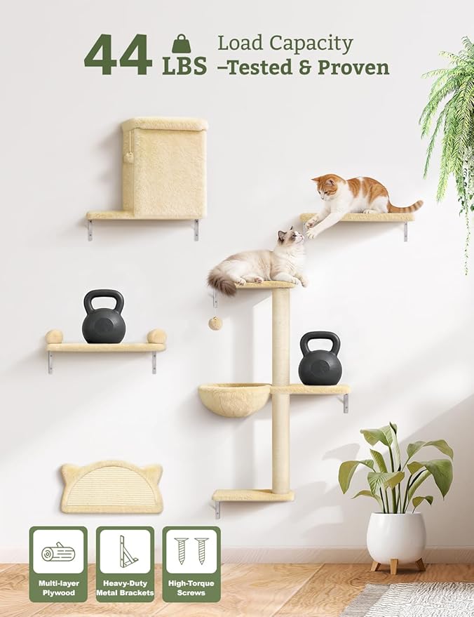 5-in-1 Cat Wall Shelves, Solid Wood & Velvet & Sisal Scratcher, 44lbs Max Load, Wall Mounted Cat Furniture for Climbers, Cat Climbing Wall System, Fits Drywall & Solid Walls - Beige