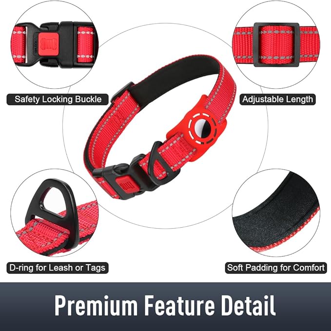 Airtag Dog Collar with AirTag Holder for Large Dogs, Reflective, Soft Padded & Safety Locking Buckle, Nylon Pet Collars Adjustable for All Breeds, Red,XL
