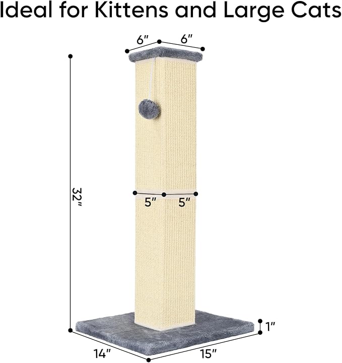 32" Tall Cat Scratching Post for Large Indoor Cats & Kittens, Cat Scratcher with Extra Large Stable Base and Natural Sisal, Sturdy Cat Scratch Post to Protect Furniture & Couch, Grey