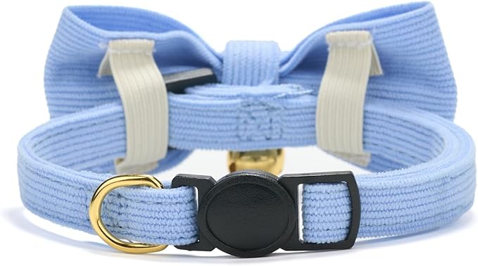 Soft Corduroy Cat Collar with Bell and Bowtie, Safety Breakaway Clasp, Adjustable for Kitten and Cats Blue Color.