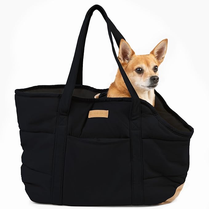 Plush Dog Purse Carrier for Small Dogs, Soft Dog Tote Bag with Safety Harness Clip, Cozy Pet Carrier for Dogs Under 15 lbs, Comfortable Dog Shoulder Carrier for Travel, Black