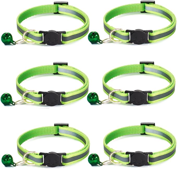6 Pack Reflective Cat Collar with Bell, Breakaway and Safe Collars for Cats, Nylon, Pet Collar Adjustable19-32cm (Fluorescent Green)