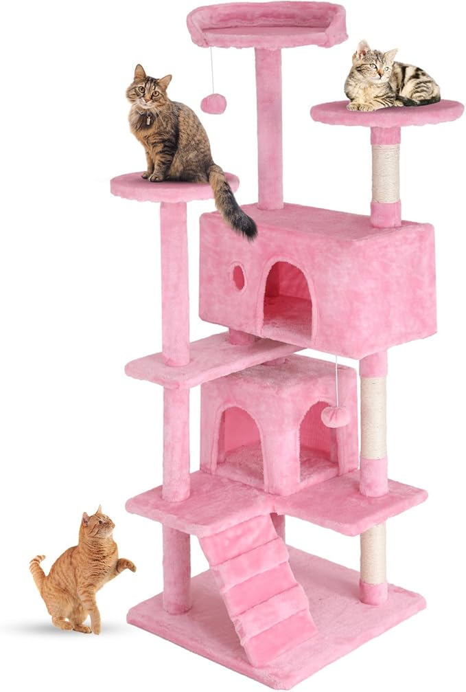 FDW | 54" Cat Tree Tower | Pink | Multi-Level Indoor Activity Center with Sisal Scratching Posts, Condos, Plush Perches, Hanging Cat Toys | Sturdy, Easy to Assemble | for Kittens & Adult Cats