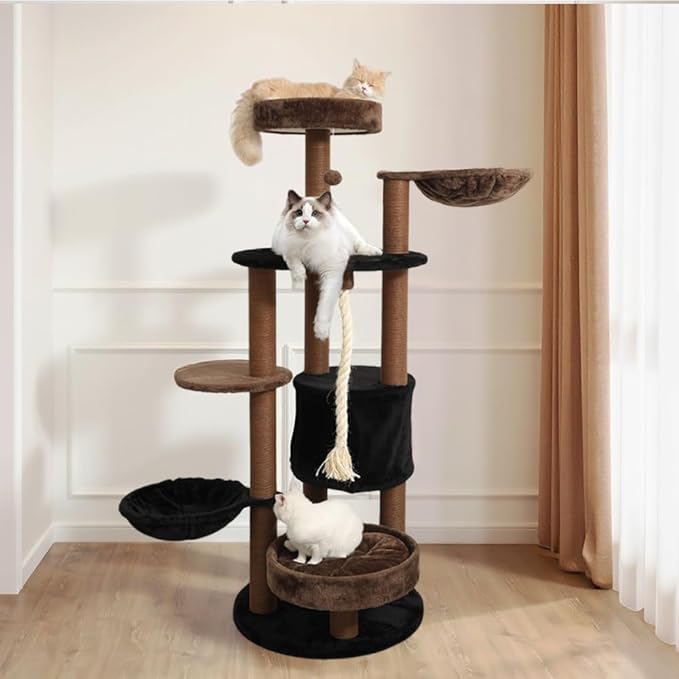64 in Heavy Duty Cat Tree, Cat Tower for Indoor Large Cats, Multi-Level Cat Furniture with Sisal Scratching Post, Hammock Extra-Large Platform & Condo (Brown)