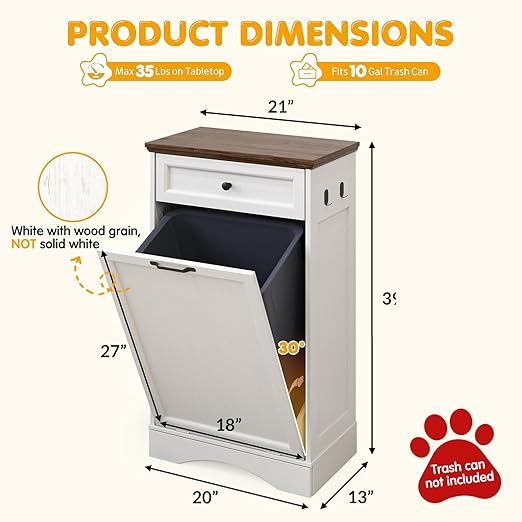 Tilt Out Trash Can Cabinet with Dog Bowl, 13 Gallons Dog Food Storage Cabinet, Hidden Trash Can Cabinet with Hideaway Drawer for Kitchen, Living Room (White, Single Door)