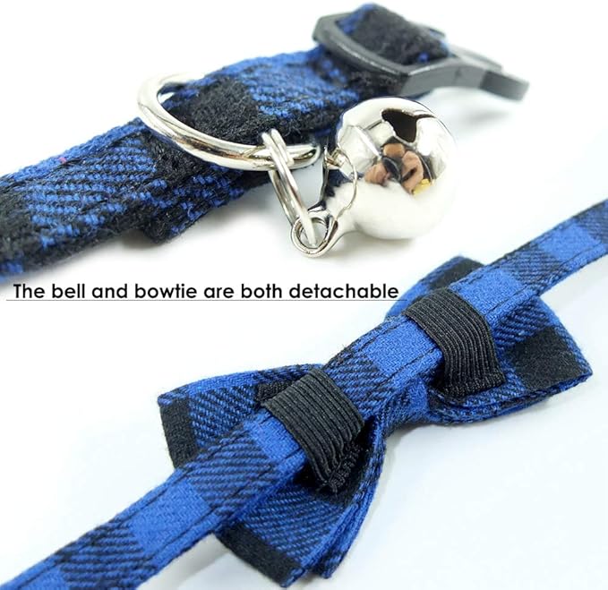 Cat Collar Breakaway with Bell and Bow Tie, Plaid Design Adjustable Safety Kitty Kitten Collars Set of 2 PCS (6.8-10.8in) (Pink&Blue Plaid)