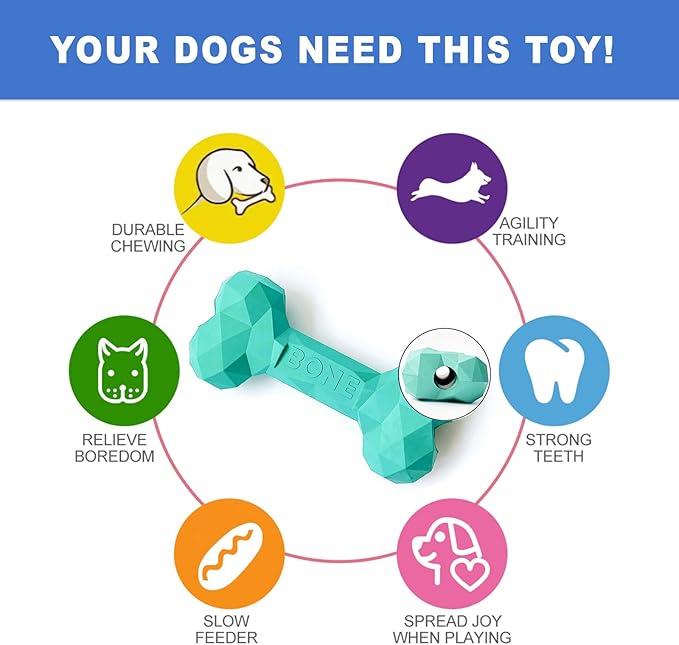 NOOVIA Durable Dog Chew Toy Rubber Bone 100% Natural Bite-Resistant Interactive Pet Toys for Dogs, Diamond Texture Modern Geometric Design (Lake Green, Small)