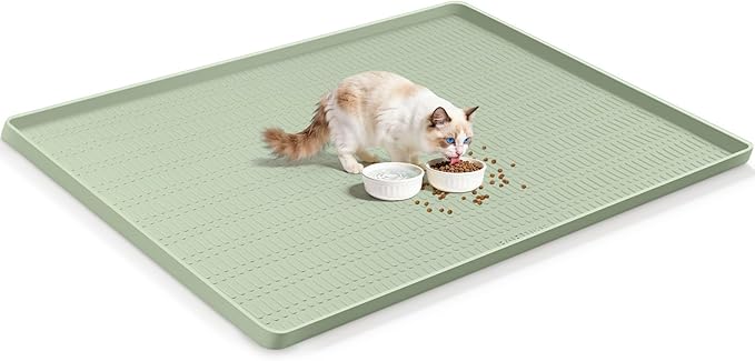 47" x 35" Silicone Cat Food Mat, Waterproof Pet Feeding Mat with Raised Edge, Extra Large Cat Bowl Mat Water Bowl Placemats for Cats, Non-Slip, Protects Floors, Easy to Clean (Light Green)