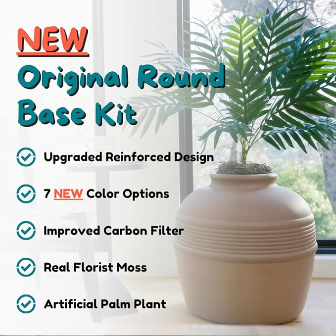 Good Pet Stuff Hidden Litter Box Planter, Decorative Cat Litter Enclosure with Carbon Filter, Artificial Plant, Easy Clean, Improved Design, Round Style, Base Kit, Chestnut Brown